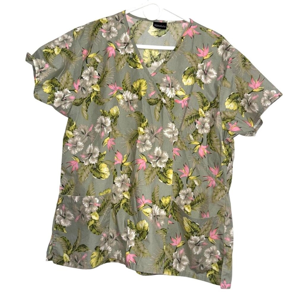 Absolute Womens Floral Print Scrub Top Short Sleeve V-Neck Cotton Blend